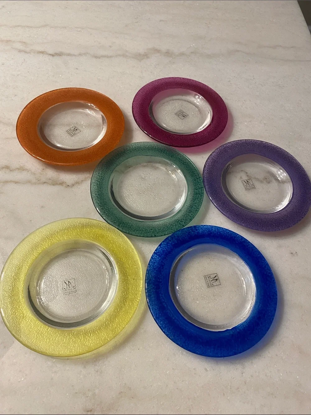 6 Multicolor Glass dessert plates Blue, Purple, Orange, Yellow, pink